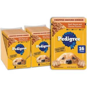 imagePedigree Chopped Ground Dinner Adult Soft Wet Dog Food 16Count Beef Bacon and Cheese Flavors 35 oz PouchesBeef  Bacon  Cheese