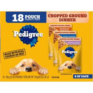 imagePedigree Chopped Ground Dinner Adult Soft Wet Dog Food 16Count Beef Bacon and Cheese Flavors 35 oz PouchesChicken  Beef  Bacon  Cheese