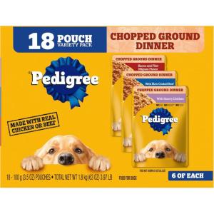imagePedigree Chopped Ground Dinner Adult Soft Wet Dog Food 16Count Beef Bacon and Cheese Flavors 35 oz PouchesChicken  Beef  Bacon  Filet Mignon