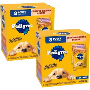 imagePedigree Chopped Ground Dinner Adult Soft Wet Dog Food 16Count Beef Bacon and Cheese Flavors 35 oz PouchesChicken  Beef