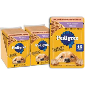 imagePedigree Chopped Ground Dinner Adult Soft Wet Dog Food 16Count Beef Bacon and Cheese Flavors 35 oz PouchesChicken