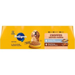 imagePedigree Chopped Ground Dinner Wet Dog Food Chicken ampamp Beef Variety Pack 132 oz Cans 12 Count Pack of 1Chicken  Liver  Beef  Bacon