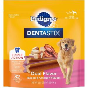 imagePedigree Dentastix Dual Flavor Large Breed Dog Treats Bacon ampamp Chicken 147 lb Bag 32 Treats
