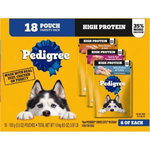 imagePedigree High Protein Adult Soft Wet Dog Beef ampamp Pork Tenderloin 35 oz Pouches 16 CountVariety Pack