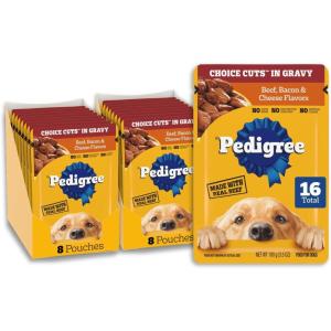 imagePedigree Choice Cuts in Gravy Adult Wet Dog Food 16Count Beef Bacon ampamp Cheese Flavors 35 oz Pouches